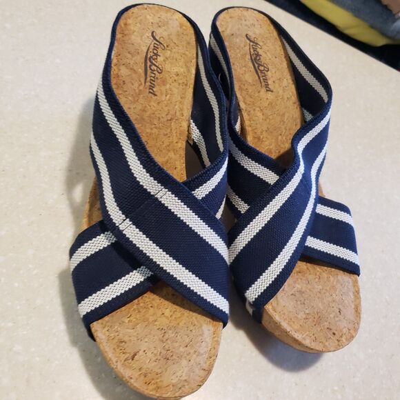 Lucky Brand Miller 2 Cork Platform Wedge Sandals Navy Blue/White Size 9.5 - Picture 9 of 9